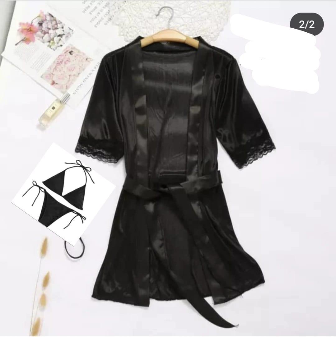 Luxurious 3 Pcs Women's Stitched Silk Night Suit with Shorts - V-Neck Plain Elegance