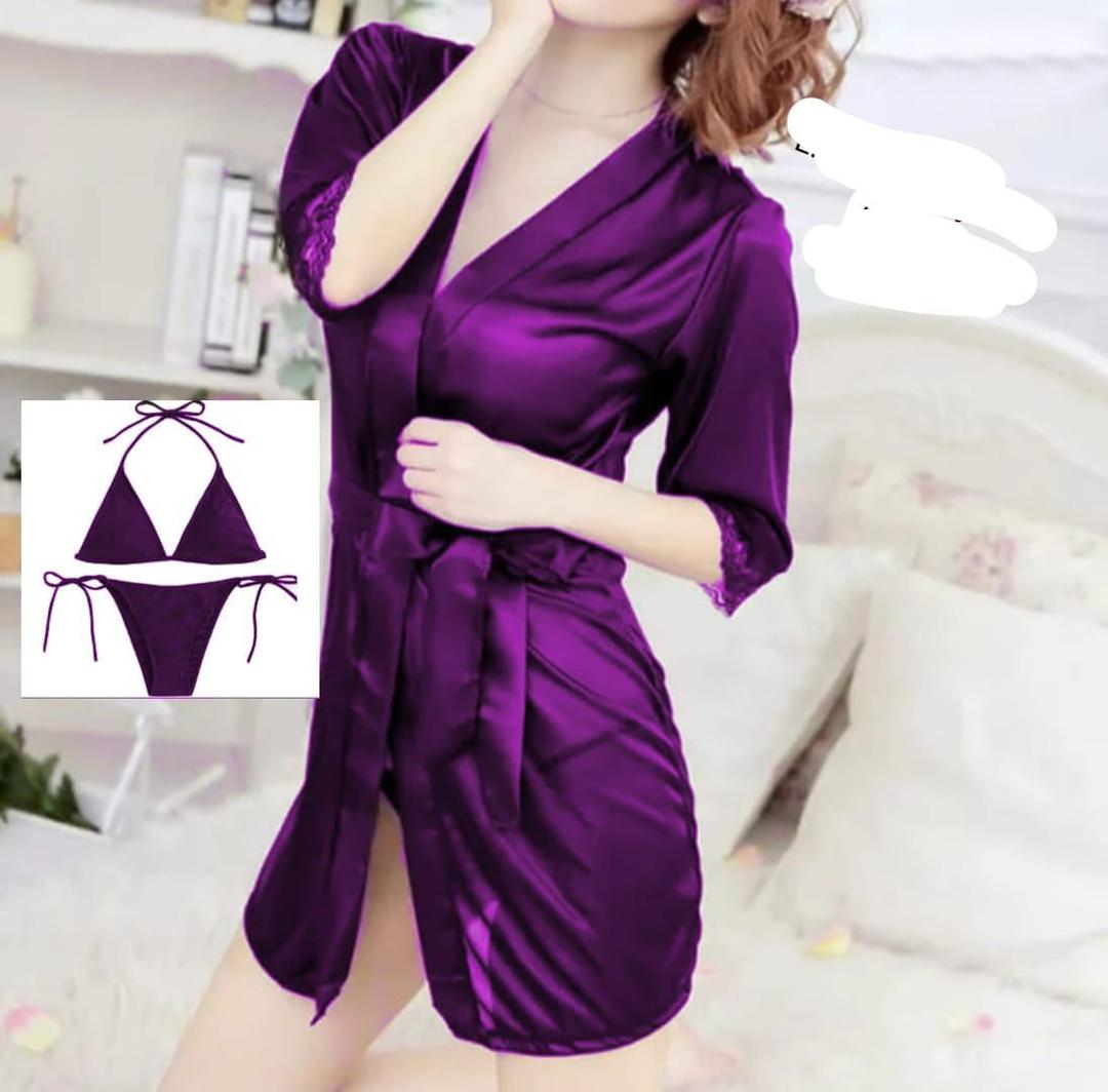 Luxurious 3 Pcs Women's Stitched Silk Night Suit with Shorts - V-Neck Plain Elegance