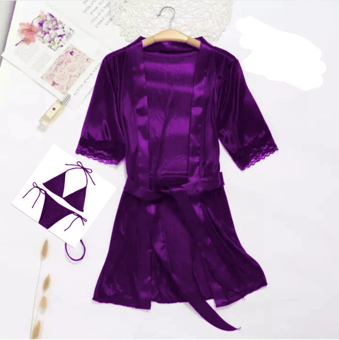 Luxurious 3 Pcs Women's Stitched Silk Night Suit with Shorts - V-Neck Plain Elegance