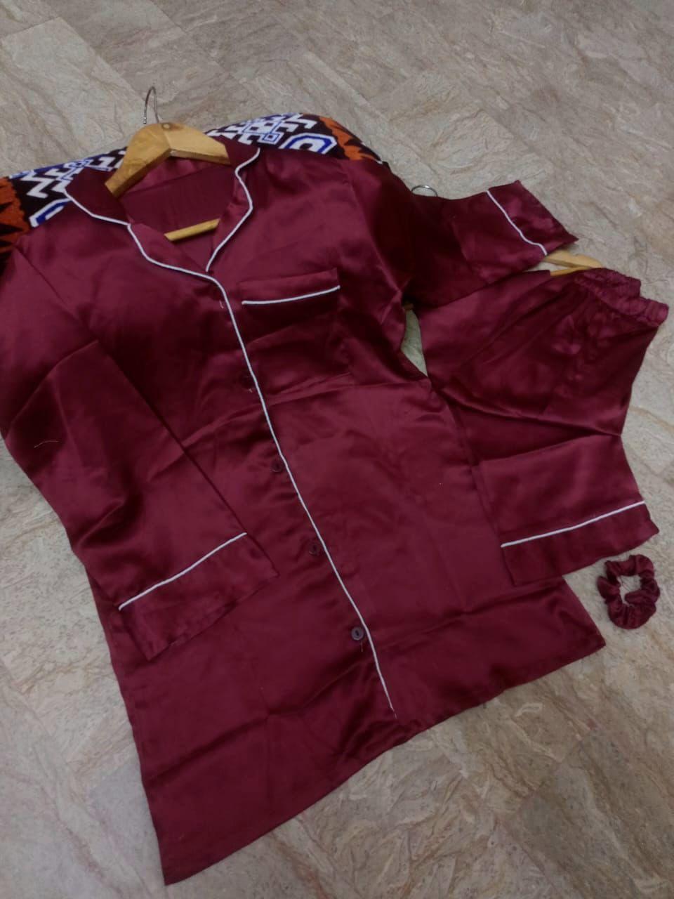 Luxurious 3 Pcs Women's Stitched Silk Night Suit with Shorts - V-Neck Plain Elegance